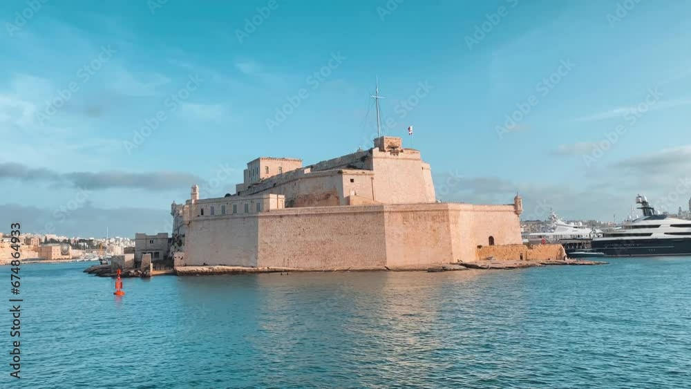 Malta, Grand Harbour Fort St. Angelo wide from the sea. High quality 4k footage