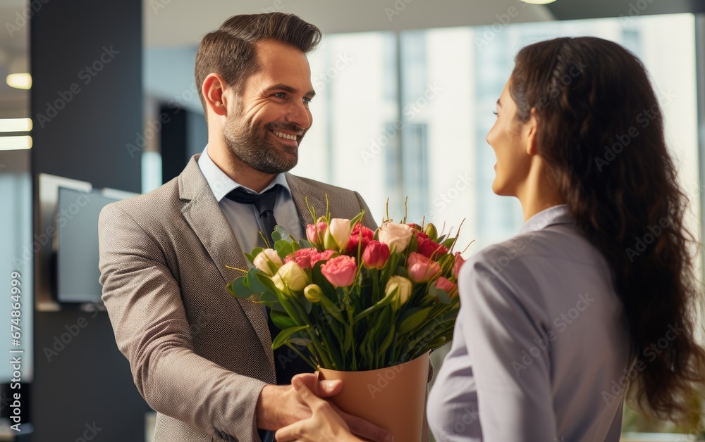 A man at work is giving flowers to a woman A man at work is giving flowers to a woman