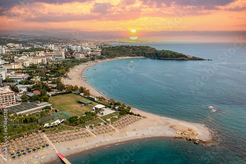 Fototapeta Naklejka Na Ścianę i Meble -  Okurcalar holiday tourist region. Summer vacation on beach, Hotels sea, beach, coast, water sports and sun. Drone Aerial view. Mediterranean,  Manavgat - Alanya - TURKEY