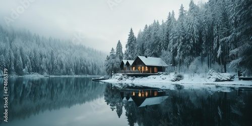 Generative AI, Winter aesthetic landscape with house panorama, muted neutral colors, forest and mountains.. photo