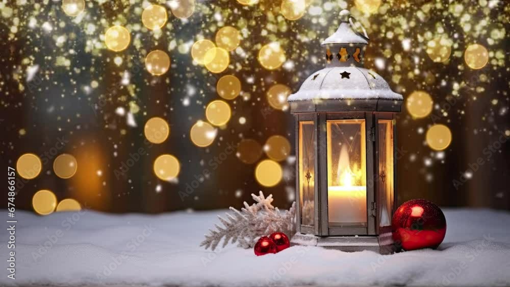 Christmas Lantern On Snow With Fir Branch Christmas Lantern On Snow With Fir Branch