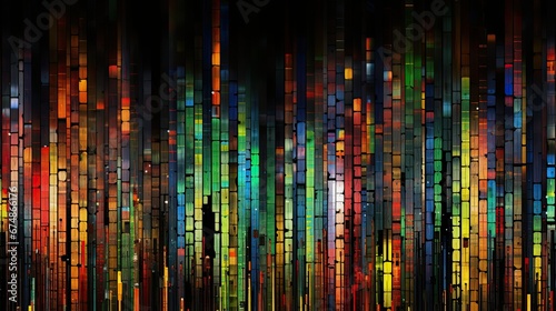 AI-generated abstract illustration of colorful columns and blocks of light, outlined in black. MidJourney.