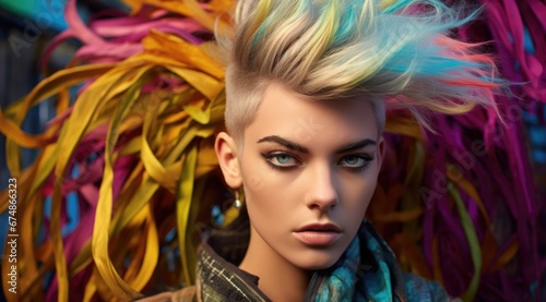 A captivating woman with colorful hair and feathers. Generative AI.