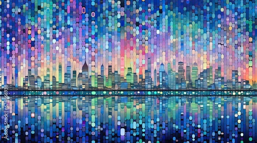 AI-generated illustration of a stylized and vividly pastel city skyline. MidJourney.