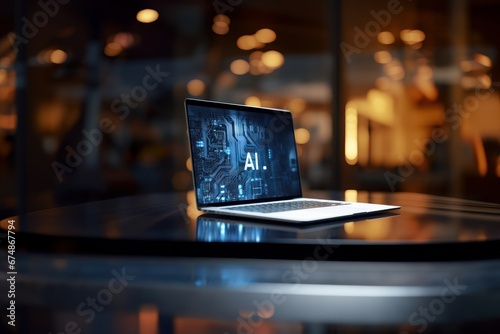 Laptop with the acronym AI on the screen on a table in an office. Concept of artificial intelligence, future, innovation, technology, business, work, etc.