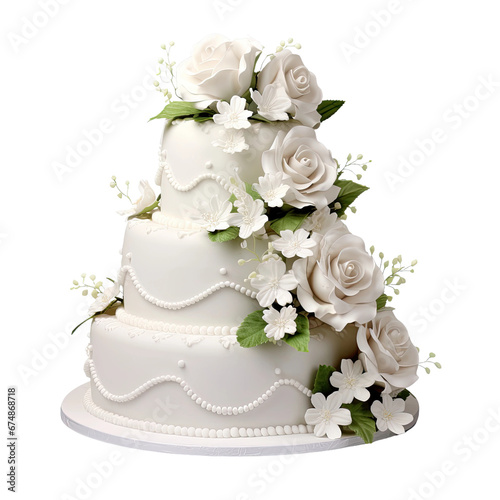 Tiered Wedding Cake with Sugar Roses on Transparent Background