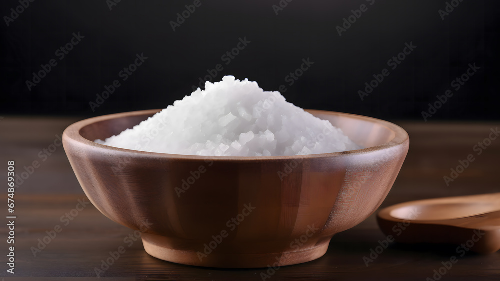 Bowl with coarse salt on the table on dark background. Bowl with coarse salt on the table on dark background.