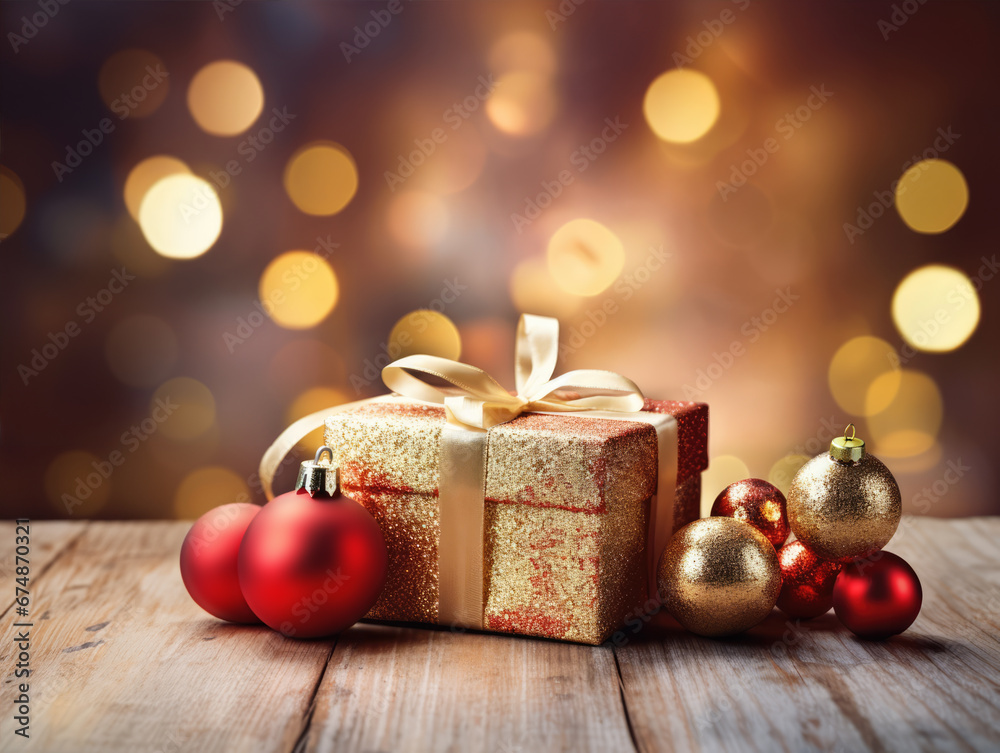 Festive Gold Gift with Ribbon and Red Christmas Baubles on Wooden Table, Warm Glowing Bokeh Lights Enhancing the Holiday Celebration Atmosphere
