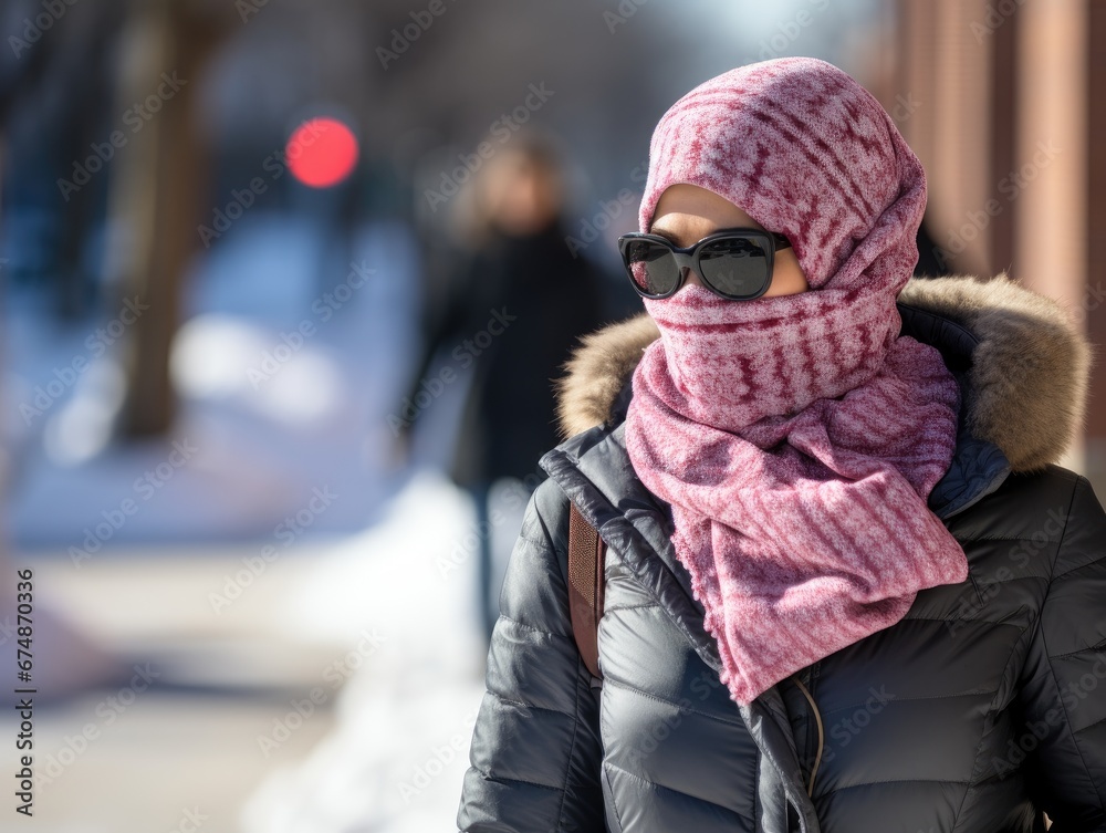 Winter Woman Dressed in Cozy Attire Walks Snowy City Streets Winter Woman Dressed in Cozy Attire Walks Snowy City Streets