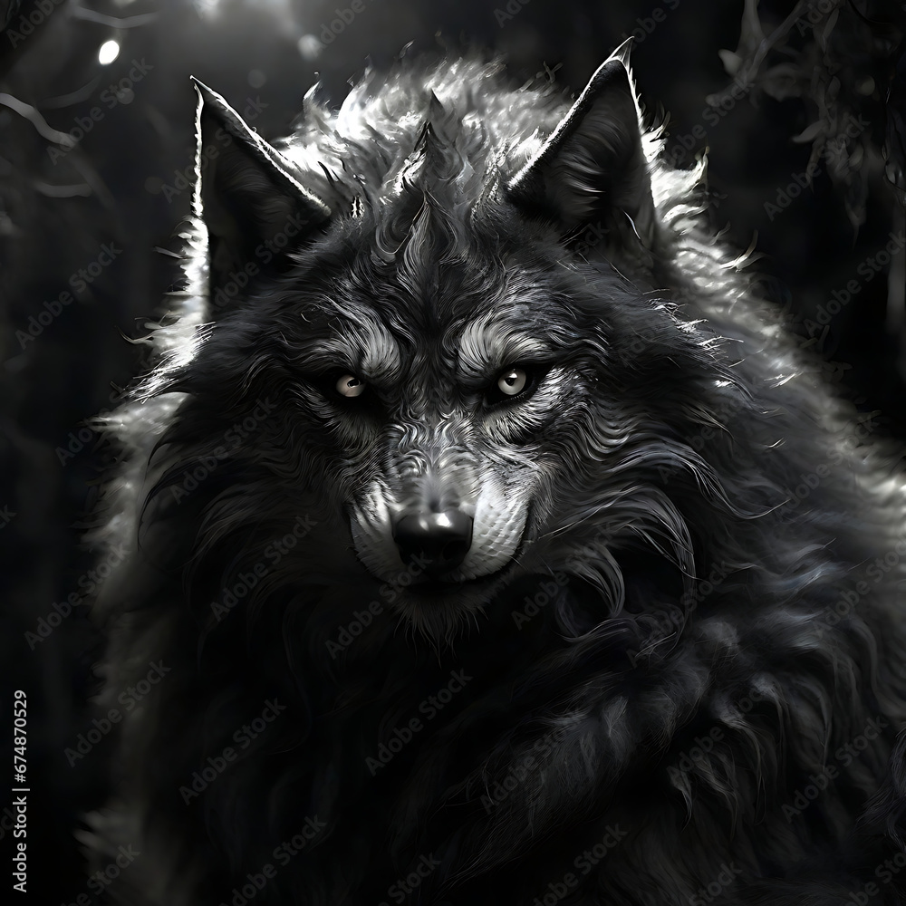 Fototapeta The black and white image of a furry werewolf in the moonlight .Generative Ai