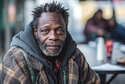 Portrait of old African American homeless man sitting on street. Poverty, misery, bankruptcy, homelessness, crisis, social welfare concept photo