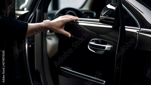 Cropped photo of a male hand opening car door. © Vahram
