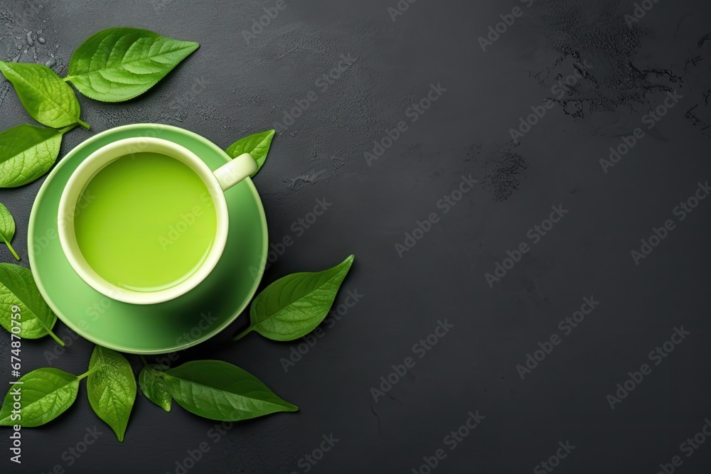 Healthy Light Green Tea Cup with Fresh Green Leaves - obrazy, fototapety, plakaty 