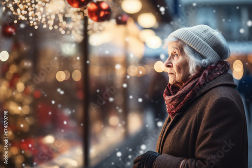 Solitude, loneliness during Christmas. Elderly woman standing alone on city street, looking to festive store showcase. Woman feels lonely celebrating Christmas holiday without family, friends