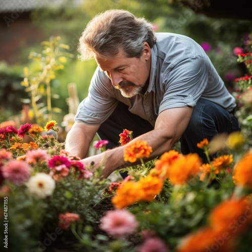 Agricultural Worker Cultivating and Nurturing Flowering Plants in a Garden