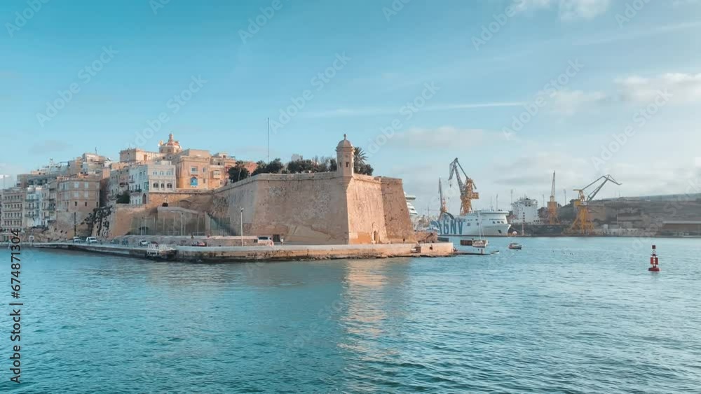 Gardjola Gardens, Senglea Point Beach, Malta,view from the sea. High quality 4k footage Gardjola Gardens, Senglea Point Beach, Malta,view from the sea. High quality 4k footage