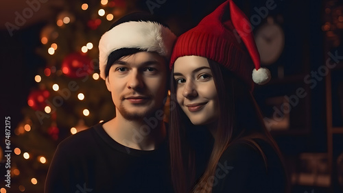 Happy couple wearing Santa hats in front of Christmas decorated tree with blurred lights