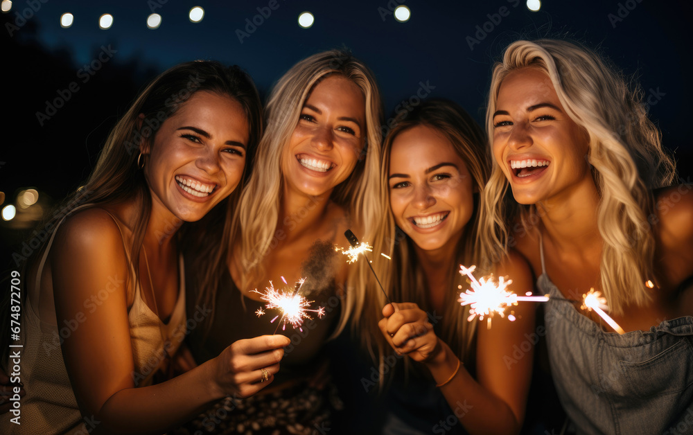A group of smiling friends with sparklers
