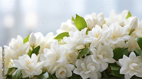 Fresh Jasmine flower on green banana leaf background. Jasmine flower is the flower used in cosmestic industrial, rituals, religious ceremonies, adore the buddha and the symbol for Thai mother's day