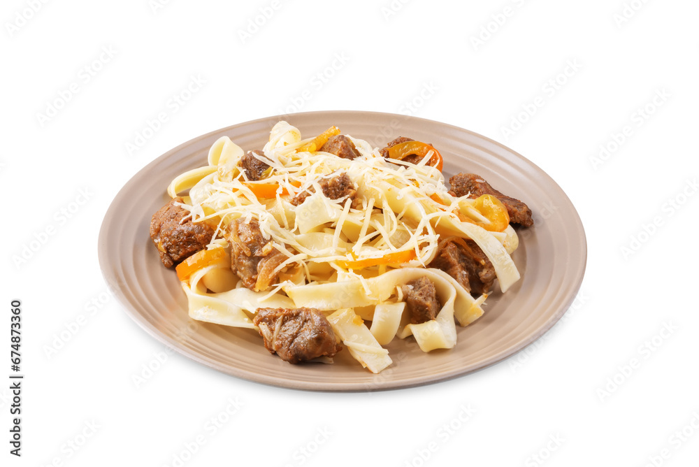 Beef slices pasta with onion and pepper in a plate on a white isolated background