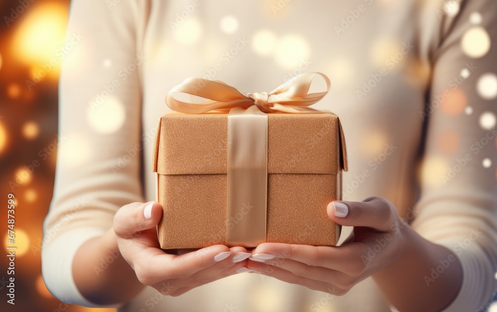 Hands holding a box that is beautifully packaged for Christmas or New Year Hands holding a box that is beautifully packaged for Christmas or New Year