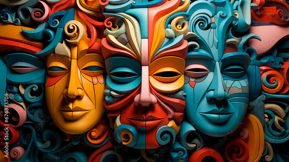 A colourful puzzle with many human faces, in the style of surrealism A colourful puzzle with many human faces, in the style of surrealism