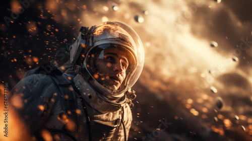 Portrait of an astronaut in a helmet close-up, sci-fi atmosphere. Male cosmonaut