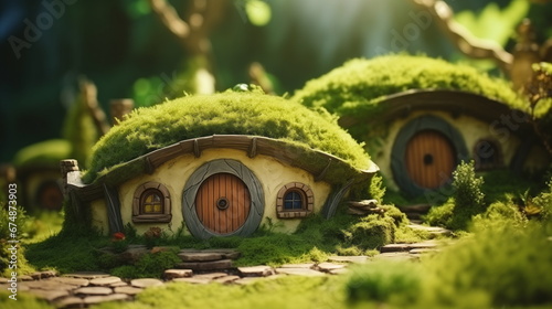 Shire village of hobbits, small fairy-tale houses in the ground with round doors