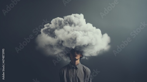 Man head in clouds, depression and fatigue at work. Man with cloud over his head depicting solitude and depression photo