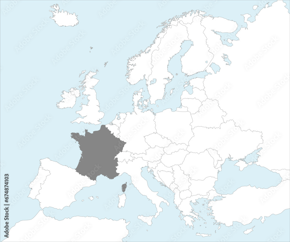 Gray CMYK national map of FRANCE inside detailed white blank political map of European continent on blue background using Mollweide projection