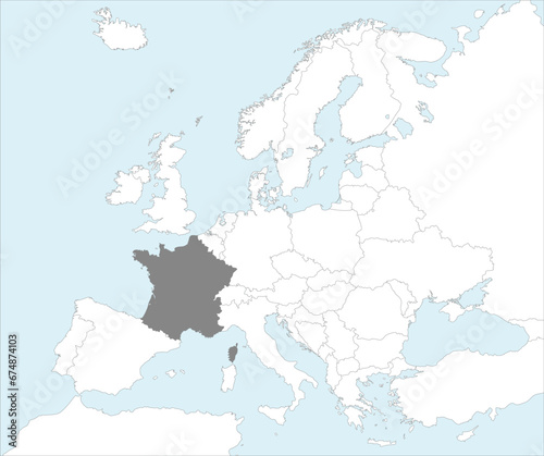 Gray CMYK national map of FRANCE inside detailed white blank political map of European continent on blue background using Mollweide projection