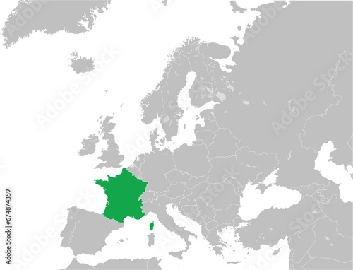 Green CMYK national map of FRANCE inside detailed gray blank political map of European continent with lakes on transparent background using Mercator projection