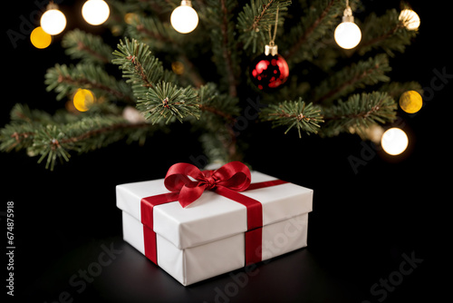 white xmas present gift box with red ribbon under the christmas tree with lights and baubles isolated on black