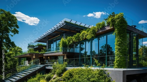 Glass building house covered by green ivy with blue sky © ANIS