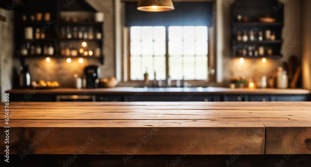 Empty wooden bar counter with blurred classic interior; excellent for drink product promotion.