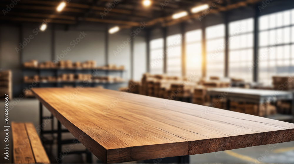 custom made wallpaper toronto digital wooden table against a blurred workshop and warehouse setting, perfect for showcasing products.