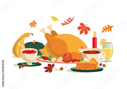 Thanksgiving Day Dinner Meal vector illustration. Roast turkey, cranberry sauce, pumpkin pie cartoon design element. Festive family feast, community dinner traditional dishes welcome banner background