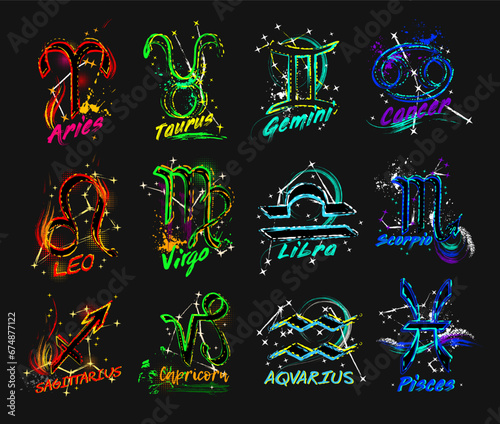 Set with grunge labels witn all icons of zodiac signs with constellation, text, paint splatter, smudge, brush strokes. Horoscope esoteric element of the element of air. Street style