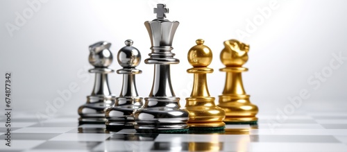 Leader or winner / conqueror concept : Side view of gold / golden king chess piece with silver knight and bishop nearby, on a black white 8x8 grid chessboard. Chess is a two player strategy board game