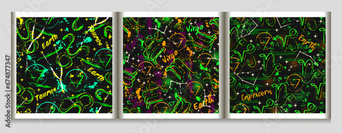 Patterns with zodiac sign Taurus, Virgo, Capricorn constellation, text, paint splatter, brush strokes, alchemical triangle symbol of Earth element Grunge style for sport goods, prints, surface design