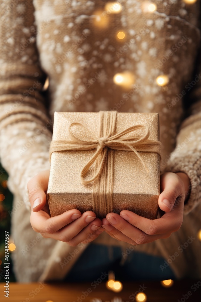 Hands holding a box that is beautifully packaged for Christmas or New Year Hands holding a box that is beautifully packaged for Christmas or New Year