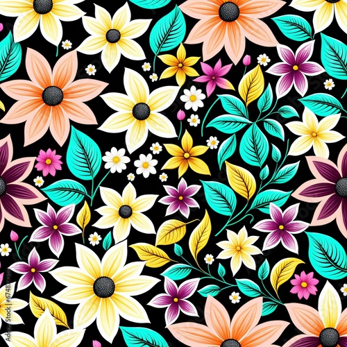 a colorful flower pattern on a black background