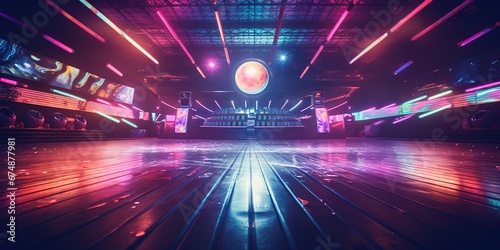 A classic 90's roller skating rink with disco ball and neon lights photo