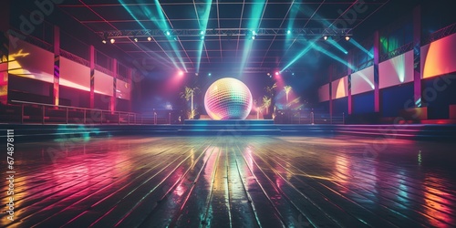 A classic 90's roller skating rink with disco ball and neon lights