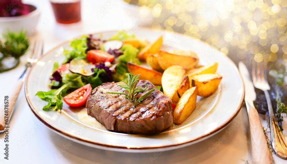 Grilled steak with potatoes and vegetables. Grilled steak with potatoes and vegetables.