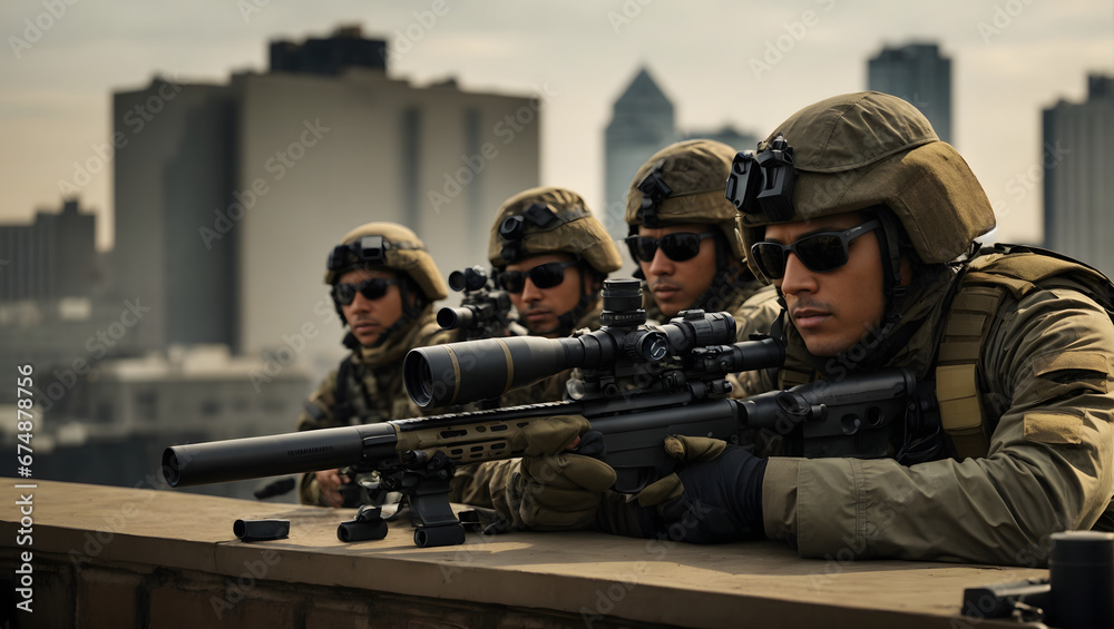 A military sniper team positioned on a rooftop, taking aim at a distant target in an urban environment. - obrazy, fototapety, plakaty 