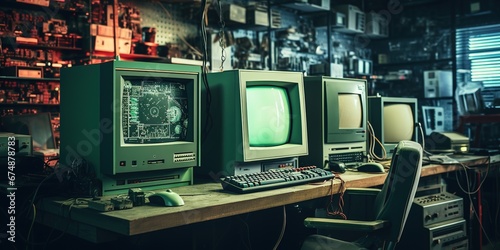A 90's tech office with boxy computer monitors, floppy disks scattered on desks