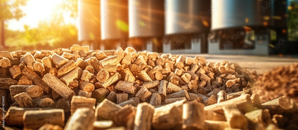 Ground level of heap of compressed wood pellets stacked on floor near chopped firewood of various types with green leaves and biomass briquettes in sunlight