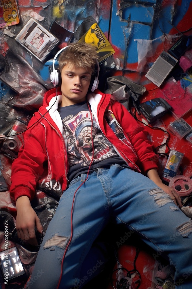 A teenager in a 90's bedroom, lying on a graffiti-inspired bedspread, listening to retro nostalgic music on headphones