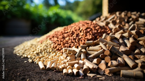 Ground level of heap of compressed wood pellets stacked on floor near chopped firewood of various types with green leaves and biomass briquettes in sunlight